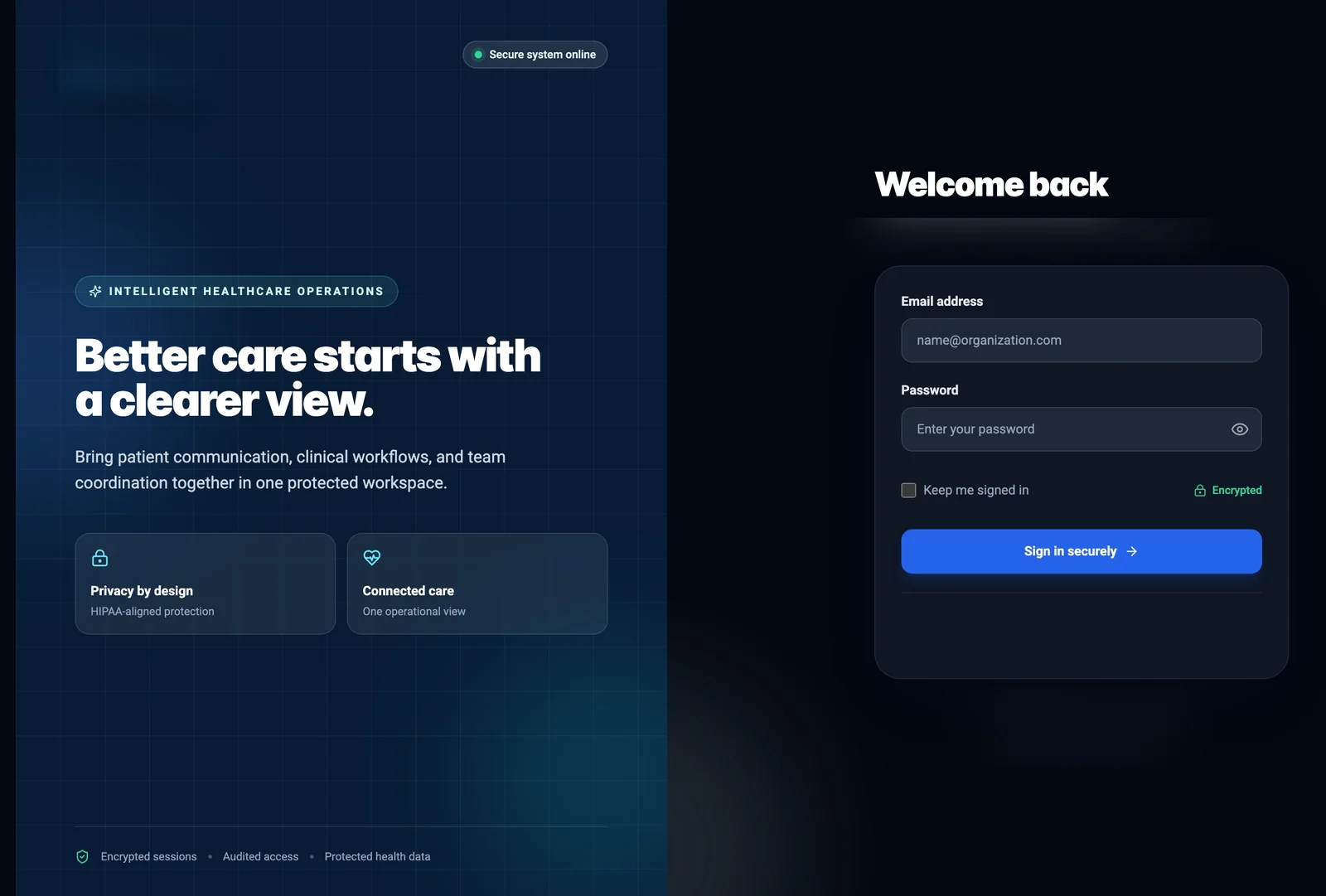 NexaSync secure sign-in screen with encrypted session and PHIPA-aligned protection
